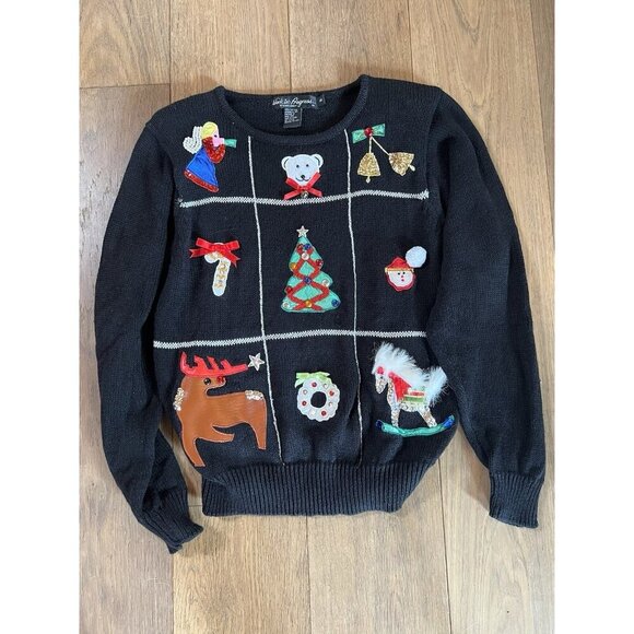 Vintage 80s Work in Progess Gladys Bagley Christmas Black sweater embellished M - Picture 2 of 11
